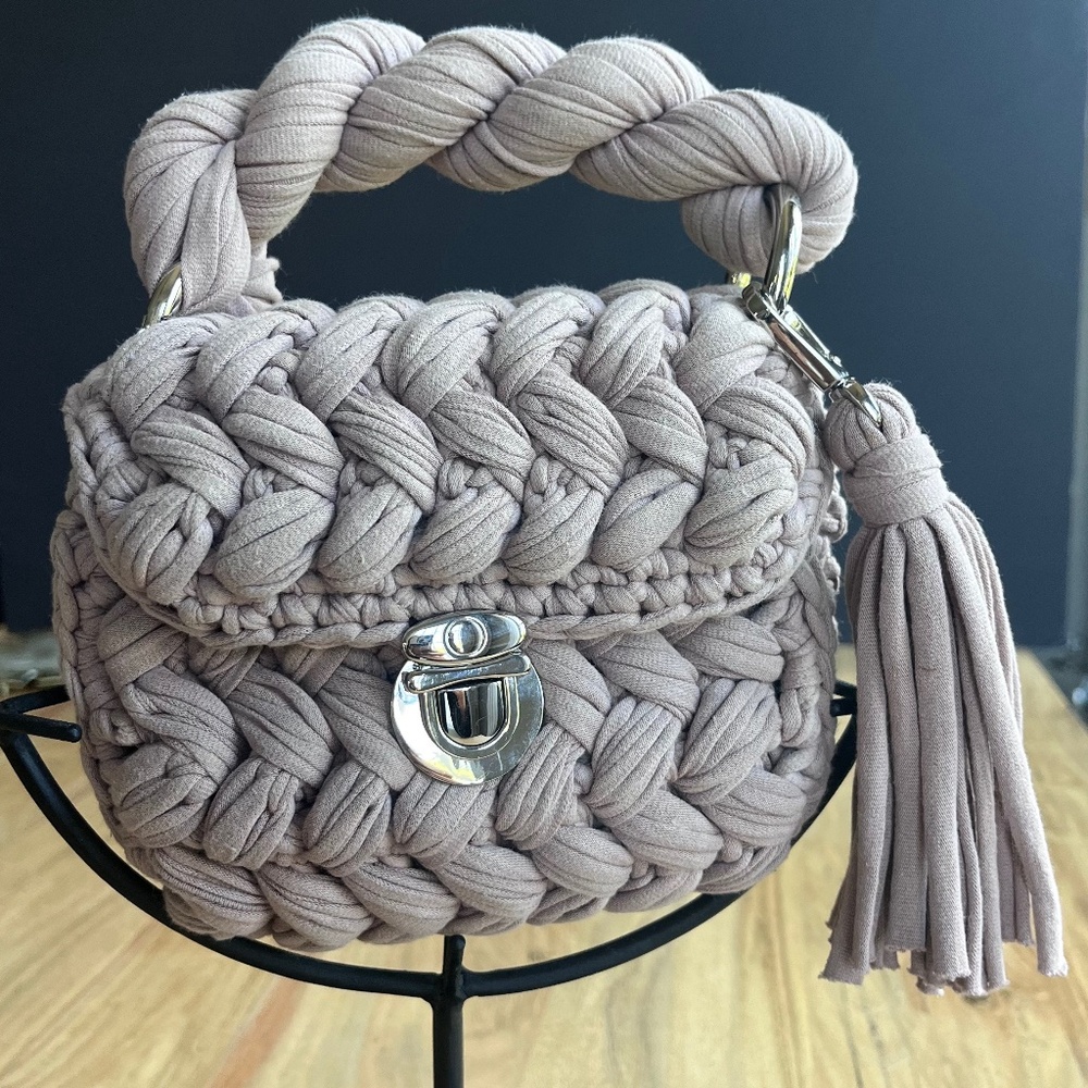 SASH made in St Barth woven crochet mini bag with tassel, small top handle